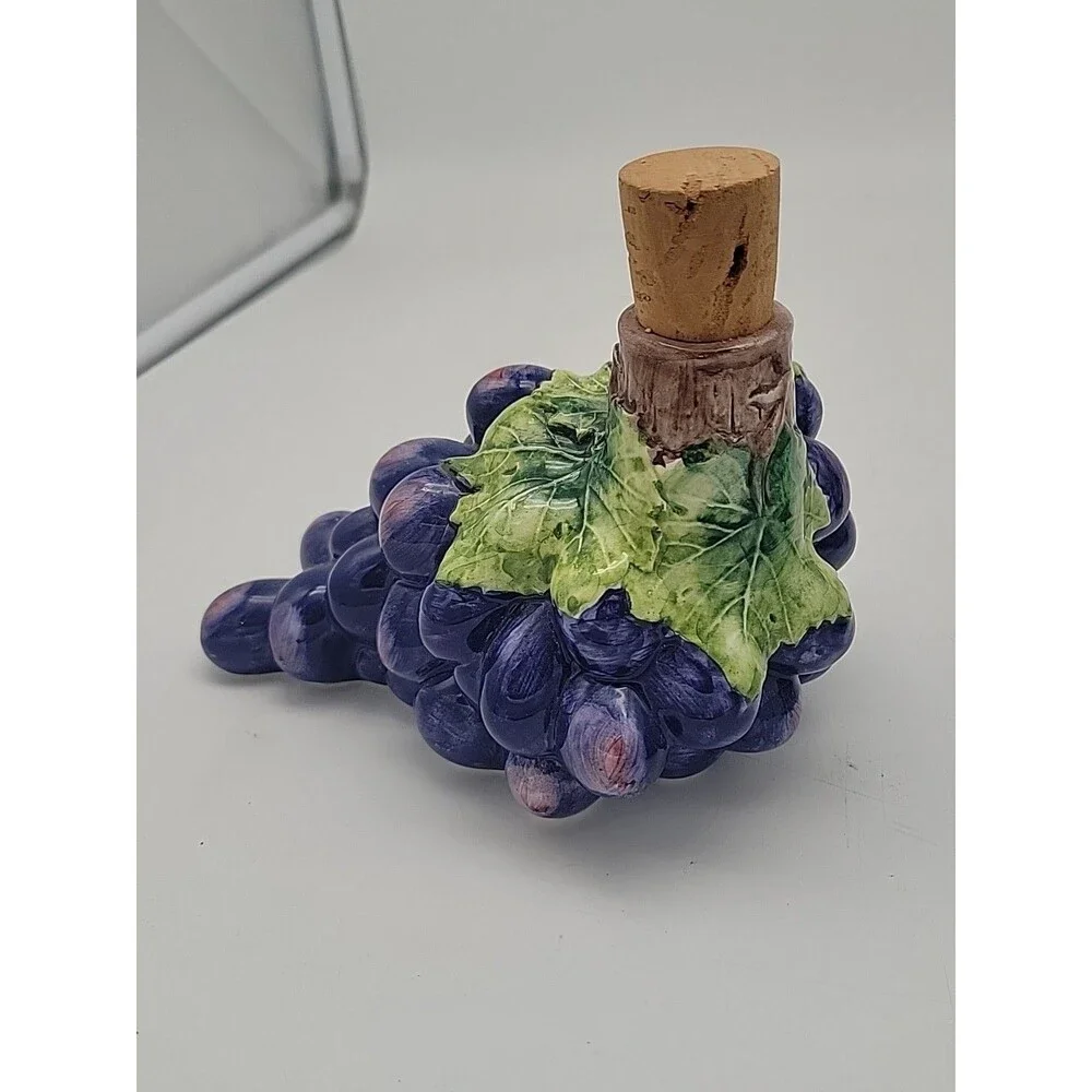 Mid Century Vintage Hand Painted Ceramic Grape Cluster Cork Wine Decanters Italy